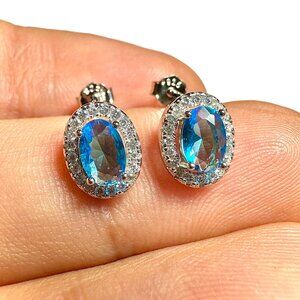 Blue Topaz CZ Oval Halo Stud Earrings 925 Sterling Silver 10x7mm Sparkle
